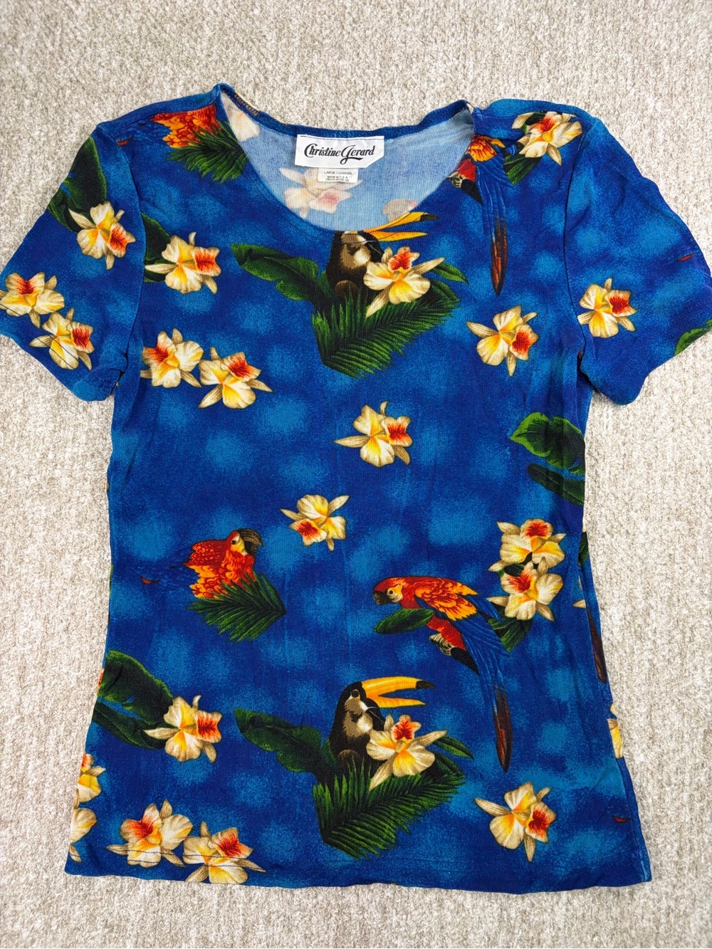 Vintage Christine Gerard Blue Tropical Parrot Floral Tee Made in USA